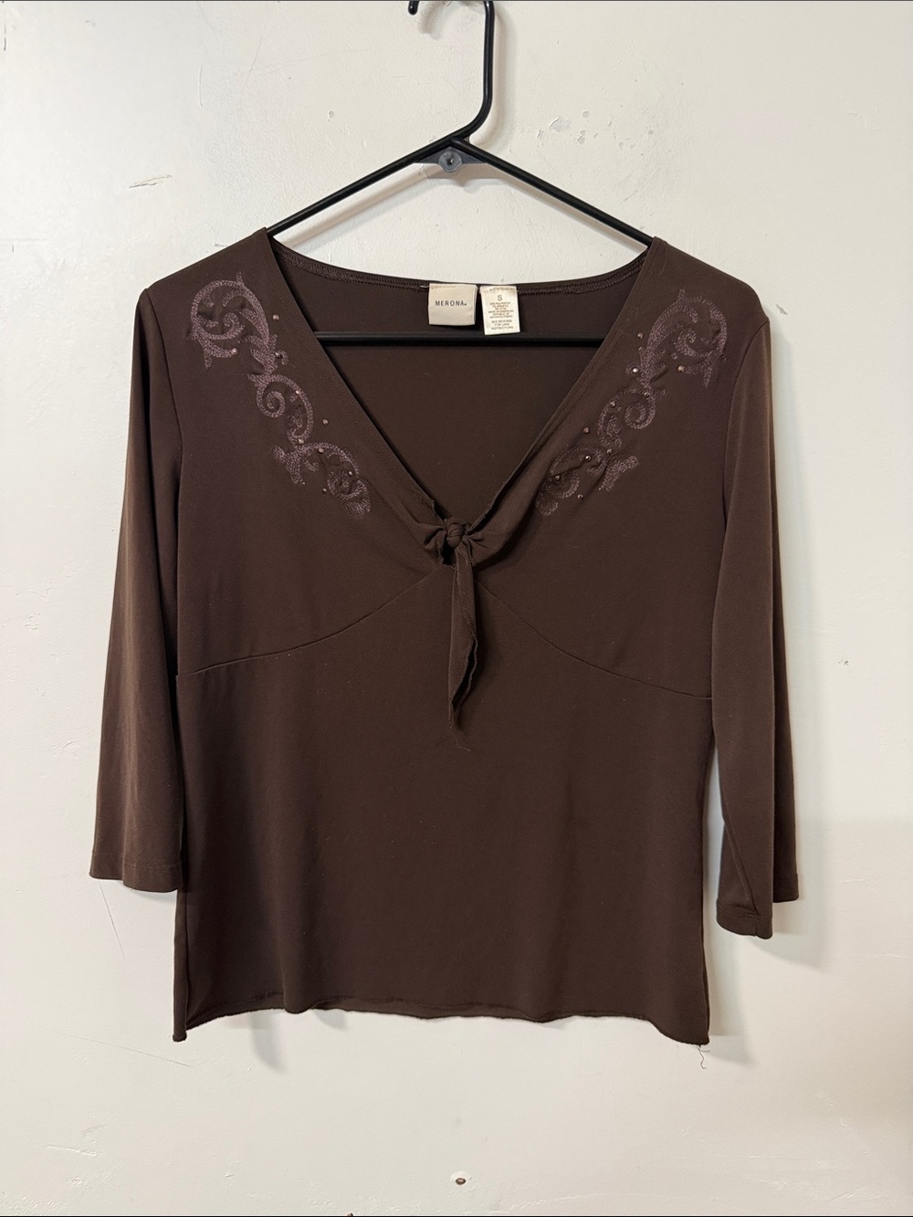 Merona Brown V-Neck Tie-Front Tunic with Embroidered Detail Y2K